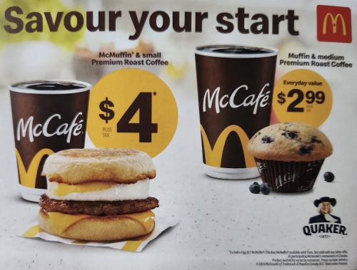 McDonald’s Canada Promotions: Get Muffin & Medium Premium Roast Coffee for $2.99 + McMuffin & Small Coffee for $4 + More Offers